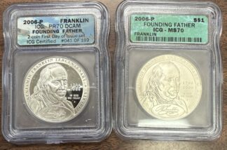 Auction - 2006 P franklin Founding Father Commemorative Silver Dollar MS70 PR70 ICG - 2 Coins