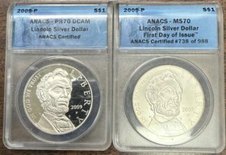 Auction - 2009 P Lincoln Commemorative Silver Dollar MS70 PR70 ANACS - 2 Coins
