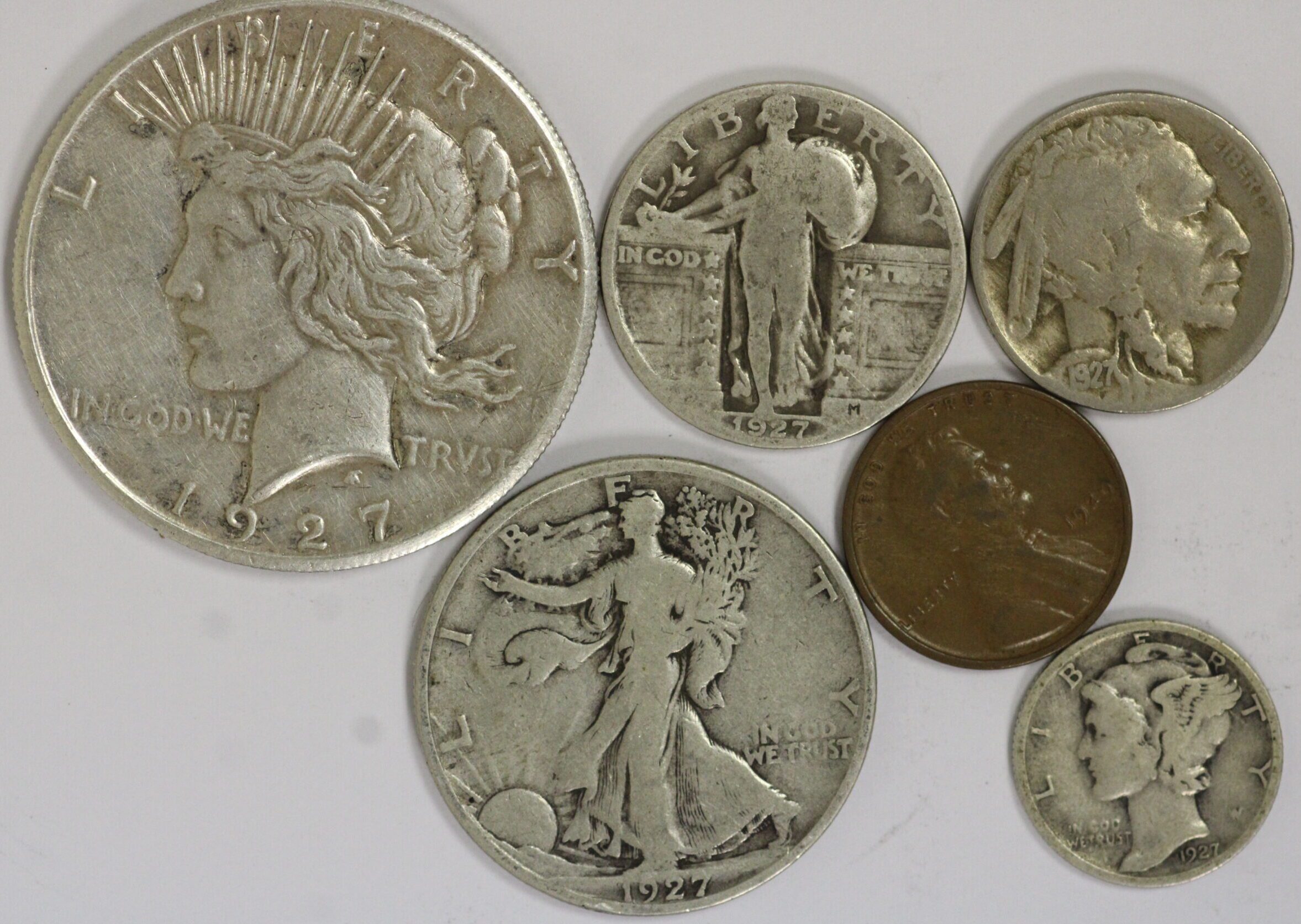 1927 Year Set Peace Dollar, Walking Half, Standing Quarter, Mercury Dime, Buffalo Nickel & Lincoln Cent