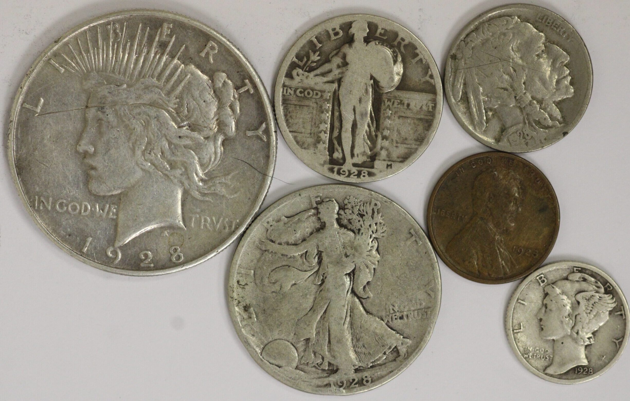 1928 Year Set Peace Dollar, Walking Half, Standing Quarter, Mercury Dime, Buffalo Nickel & Lincoln Cent