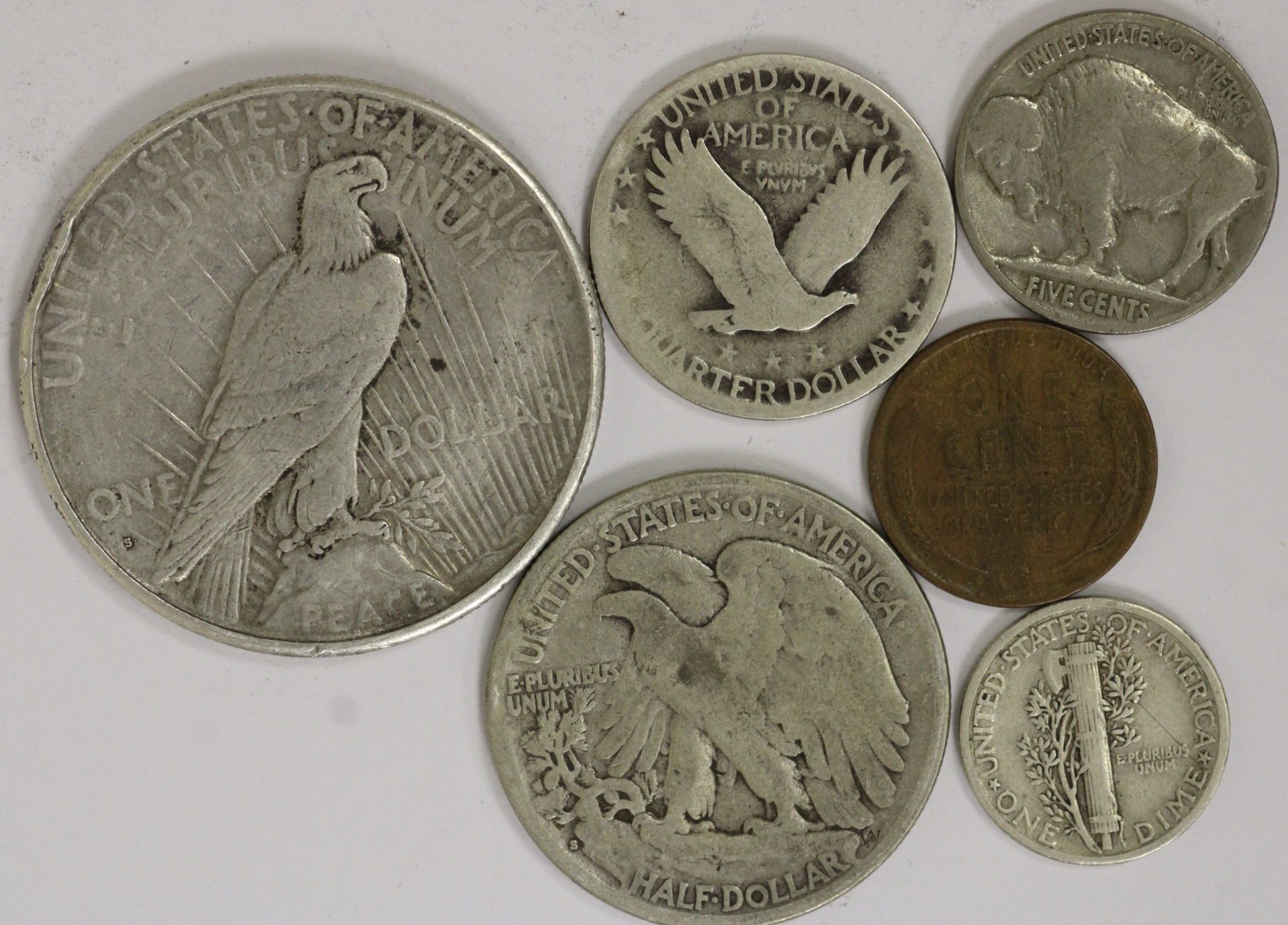 1928 Year Set Peace Dollar, Walking Half, Standing Quarter, Mercury Dime, Buffalo Nickel & Lincoln Cent - Image 2