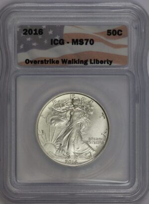 Auction - 2016 Walking Half Obverse Silver Eagle Reverse Daniel Carr Over Strike Silver MS70 ICG