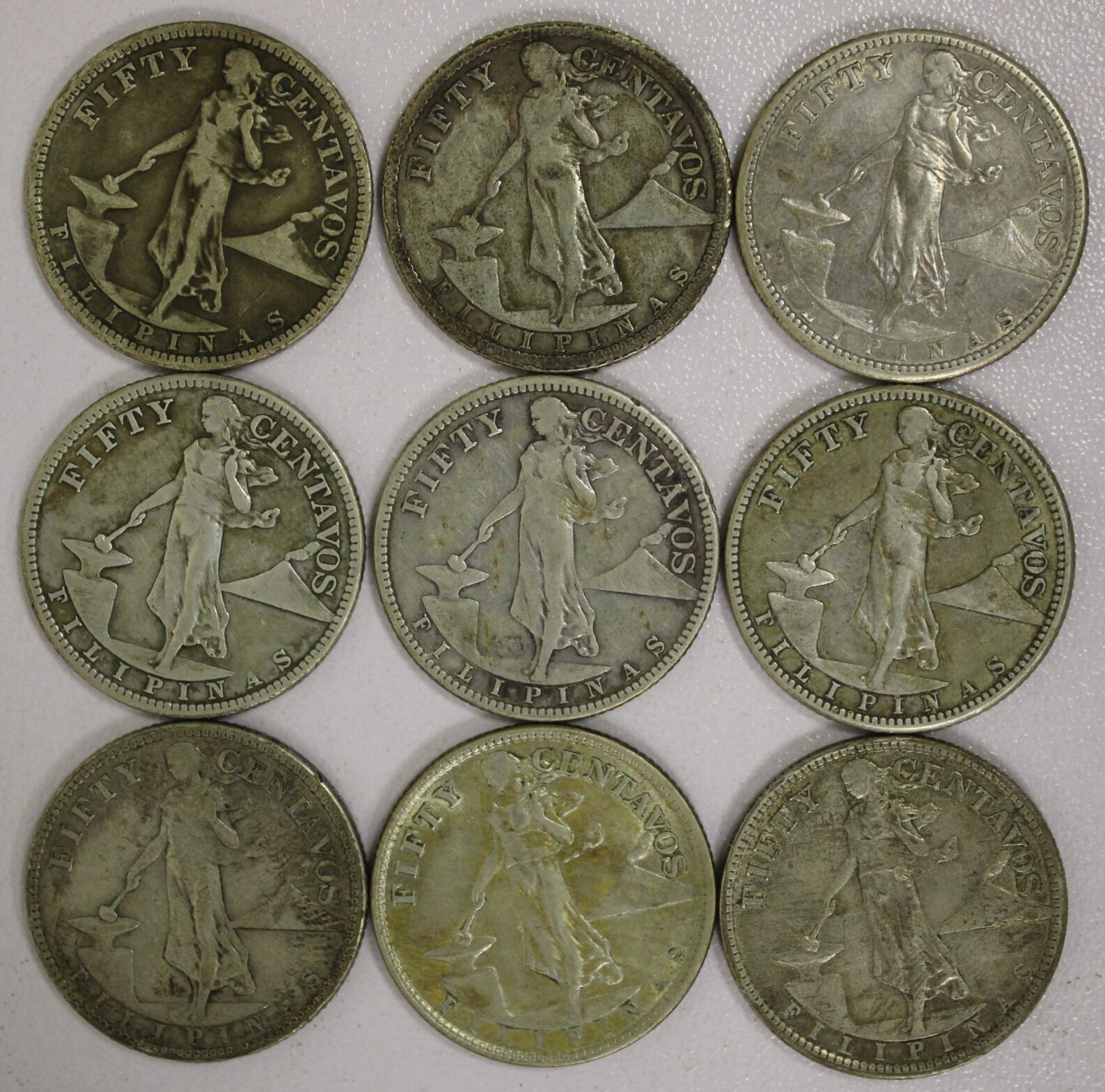 1907 thru 1921 Philippines 50 Centavos Complete Nine Date & Mint Mark Set 75% Silver