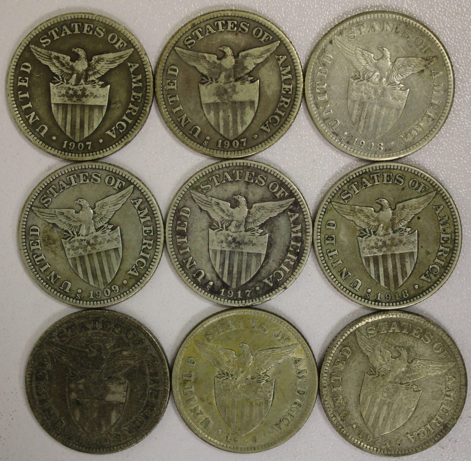 1907 thru 1921 Philippines 50 Centavos Complete Nine Date & Mint Mark Set 75% Silver - Image 2