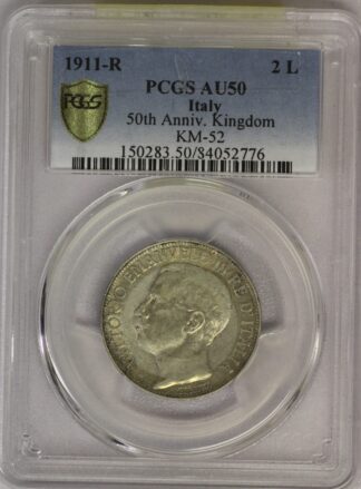 Auction - 1911 R  Italy Silver 2 Lire - Victor Emmanuel III - Kingdom Of Italy 50th Anniversary - PCGS AU50
