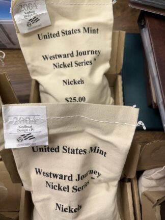 Auction - 2004 P D Jefferson Nickel Keelboat 2 Two $25 Mint Sewn Unopened Bags *1000 Nickel Coins $50 Face
