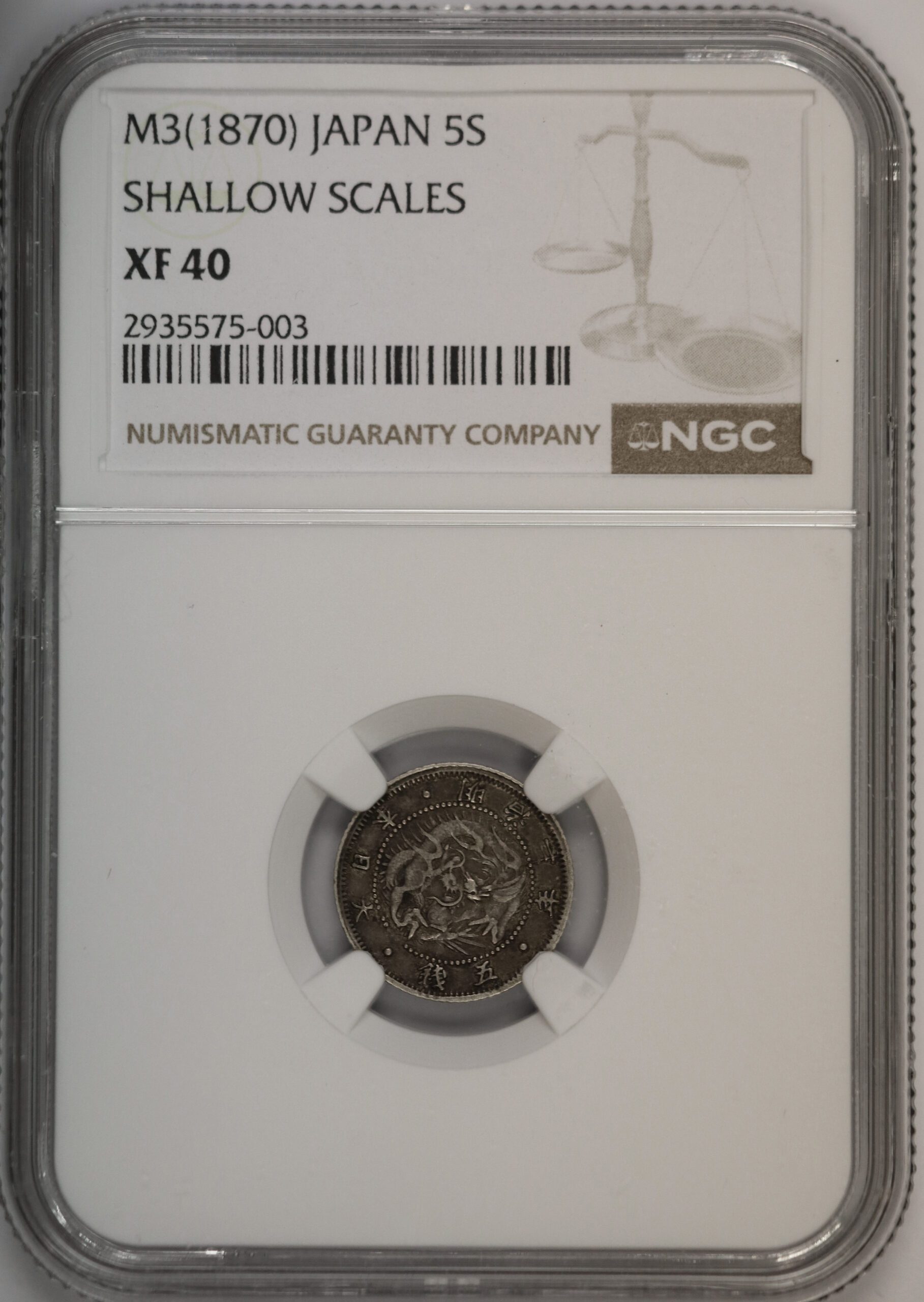 (1) Auction - M3 (1870) Japan 5s Shallow Scales XF40 NGC