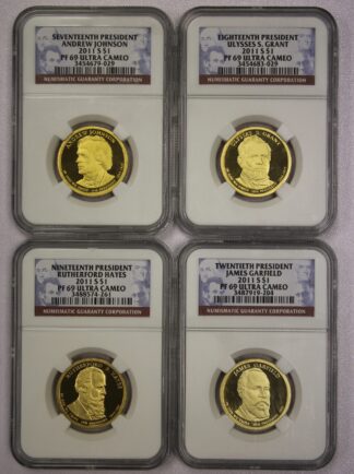 Auction - 2011 S Presidential Dollar Proof Set - 17th through 20th President - 4 Coin Set - NGC PF69 Ultra Cameo