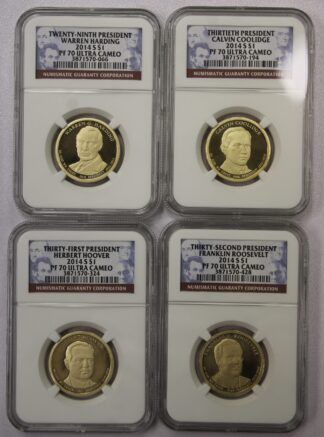 Auction - 2014 S Presidential Dollar Proof Set - 29th through 32nd President - 4 Coin Set - NGC PF70 Ultra Cameo