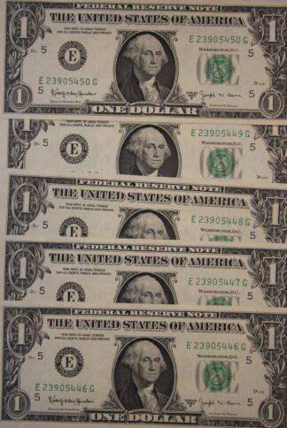 AUCTION- Five 1963-B One Dollar Federal Reserve Notes Consecutively Serial Numbered UNC (Barr Dollars)