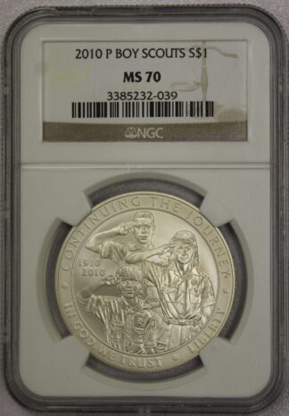 AUCTION-   2010 P Boy Scouts Commemorative Silver Dollar NGC MS70 (Slab is Damaged)
