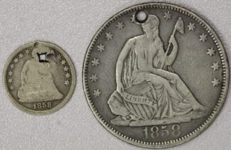 AUCTION-   1858 Seated Half Dime & Seated Half Dollar Both Are Holed