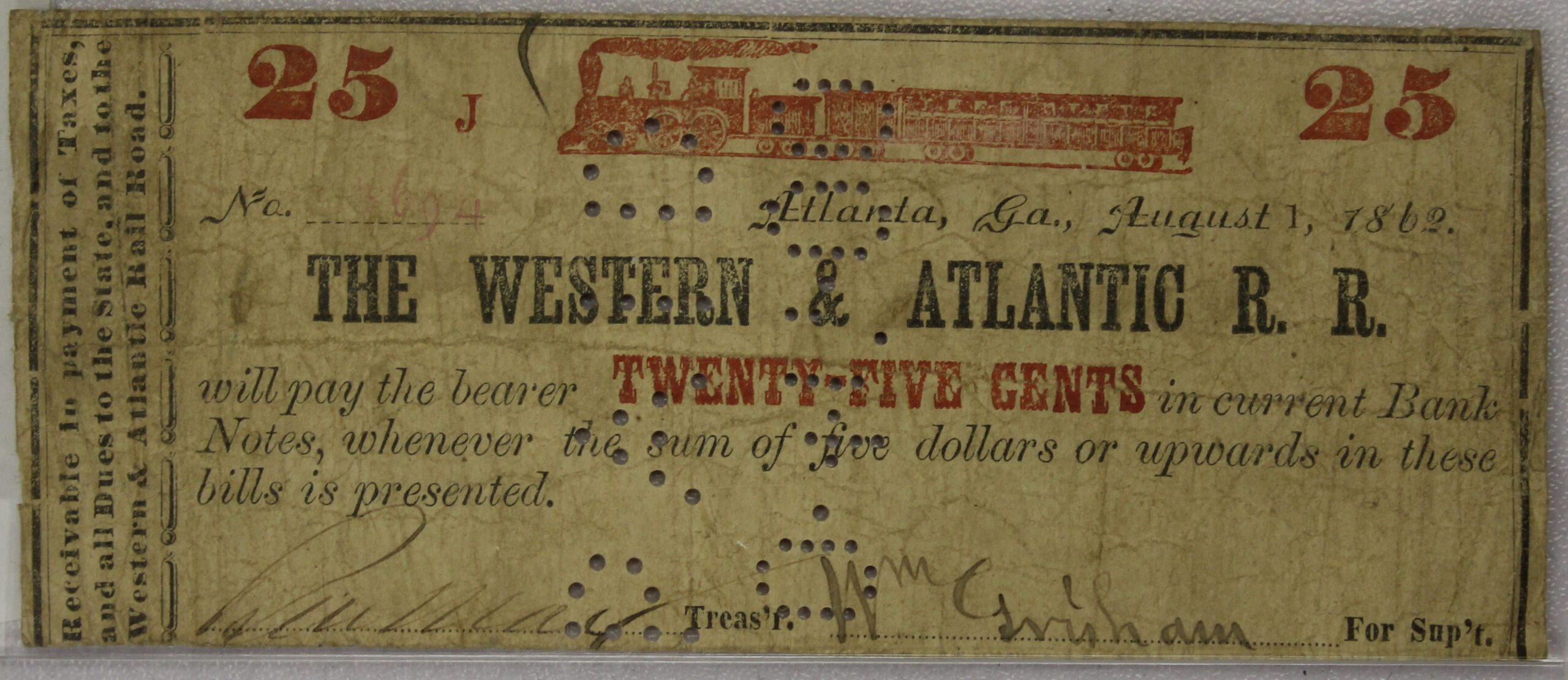Auction - 1862 Confederate 25c Train Ticket