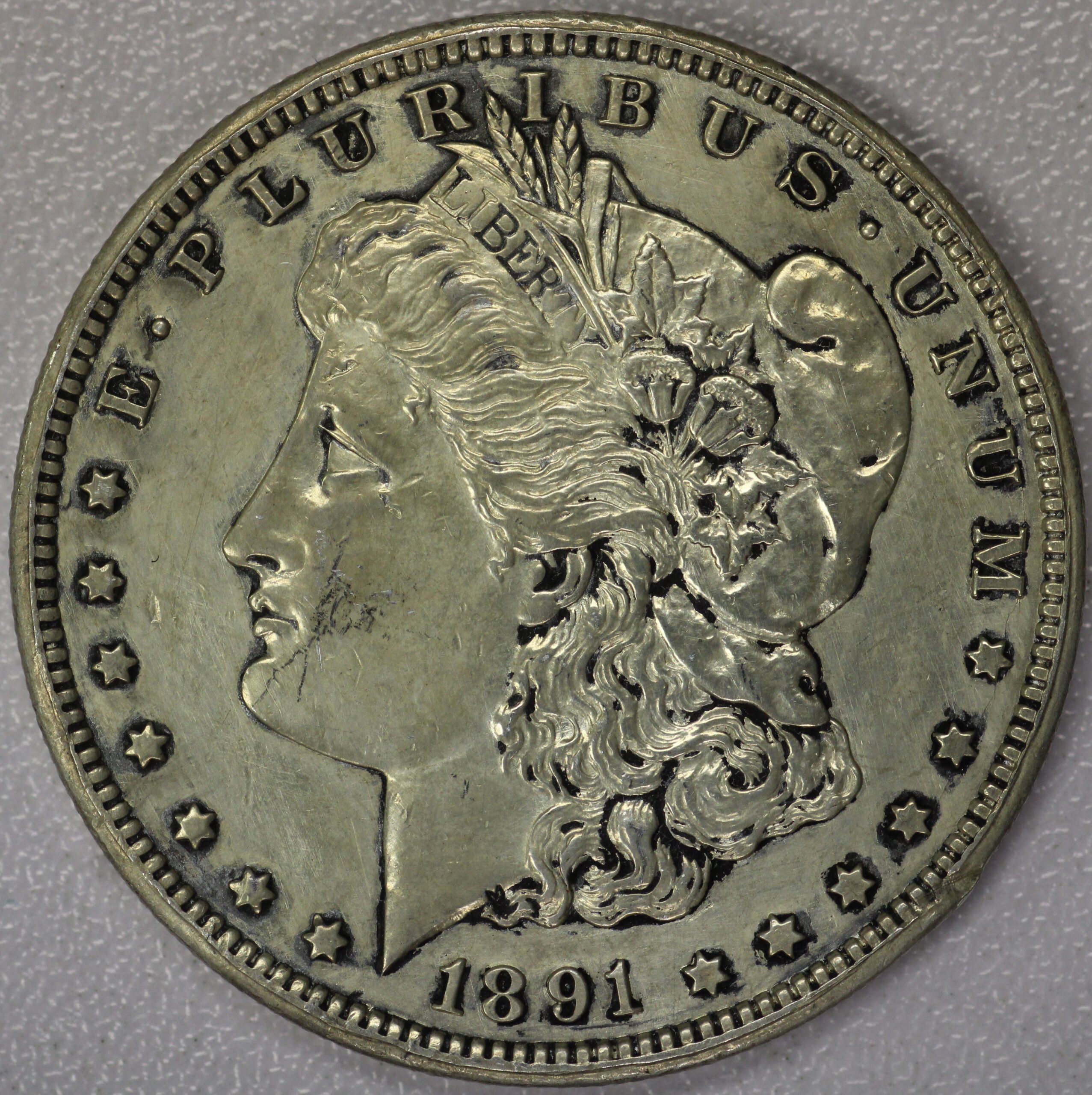 Auction - 1891 CC Morgan Dollar AU Cleaned *Old Belt Buckle Coin