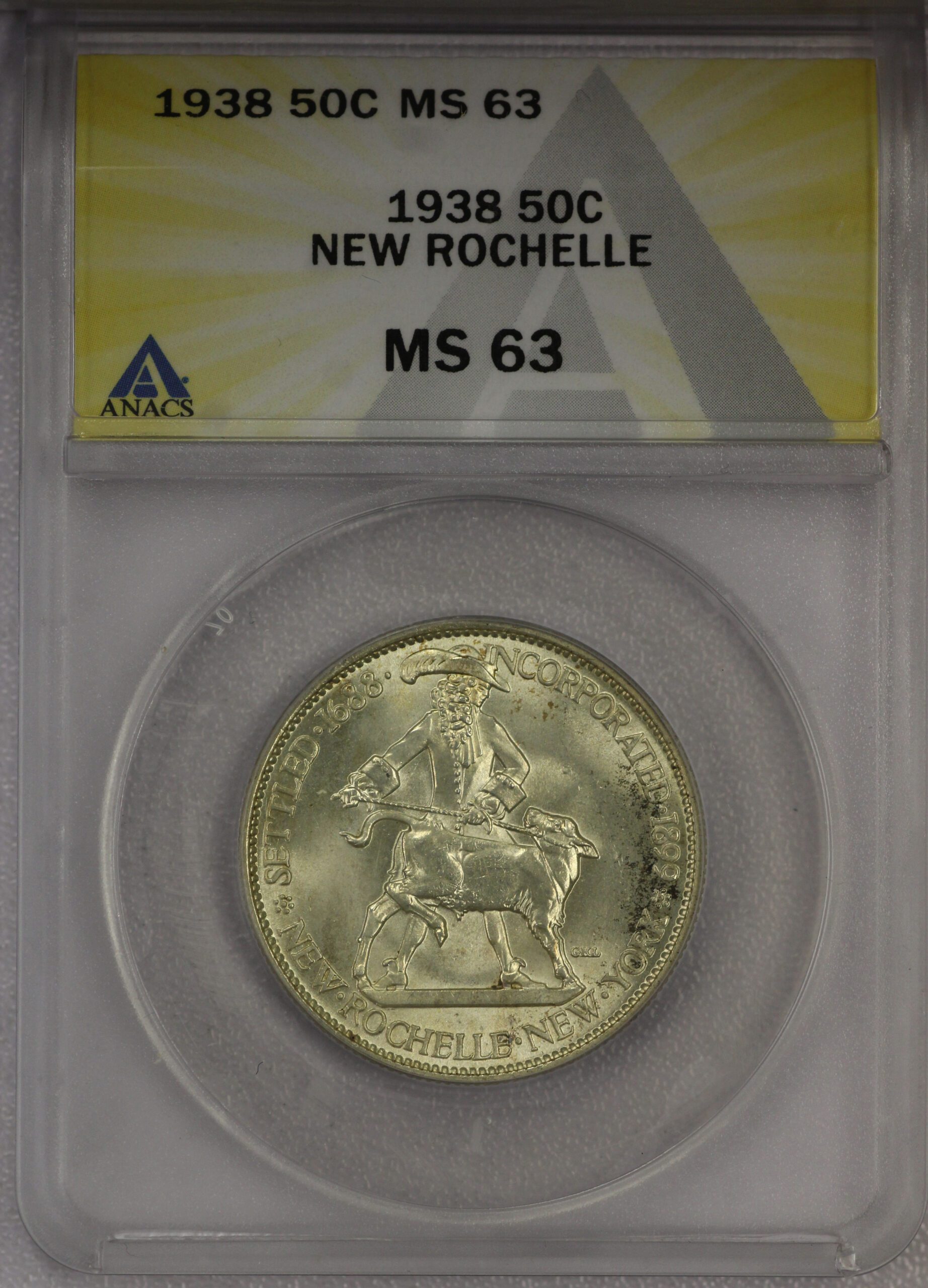 1938 New Rochelle Commemorative Silver Half Dollar ANACS MS63