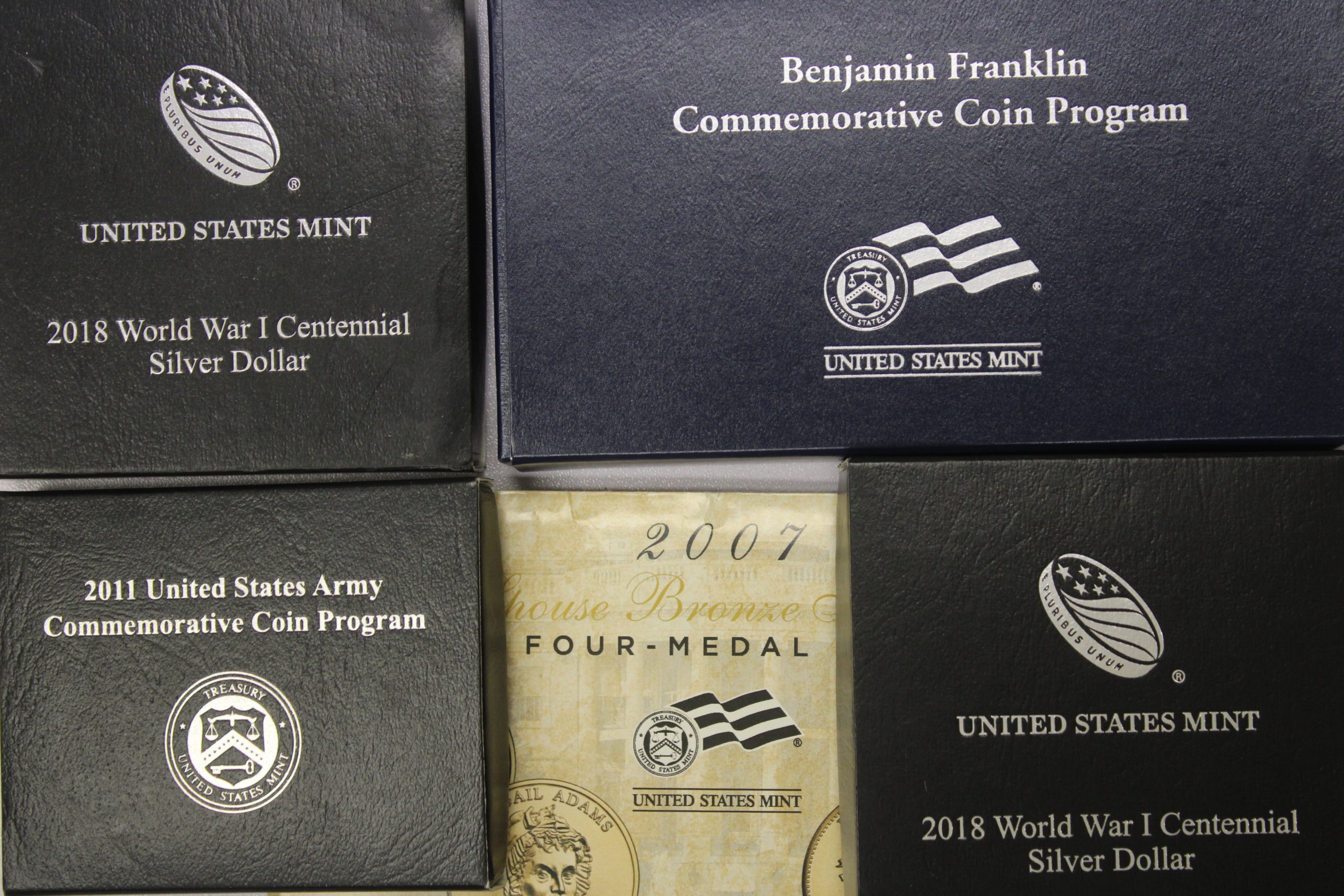 Modern Commemorative Silver Dollars Benjamin Franklin Founding Father Proof, WW1 Centennial Proof & Unc., US Army Clad Proof 1/2 Dollar & 2007 1st Spouse Medals All in OGP BUNDLE