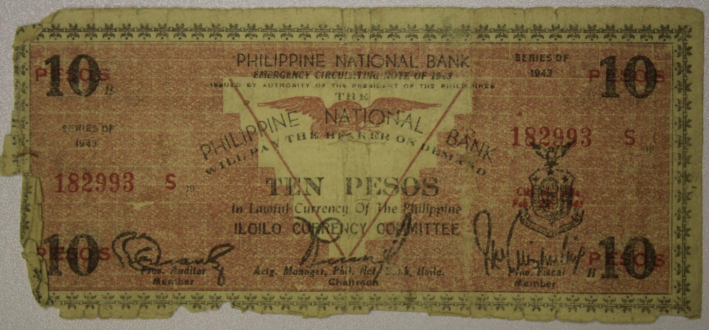 1943 Philippines Emergency Currency Ten Pesos Iloilo Currency Committee