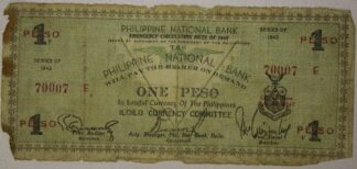 1942 Philippines Emergency Currency One Peso Note Iloilo Currency Committee