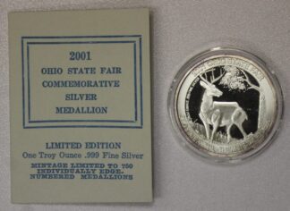 AUCTION-   2001 Ohio State Fair Commemorative Silver Medallion One Troy OZ .999 Fine Silver