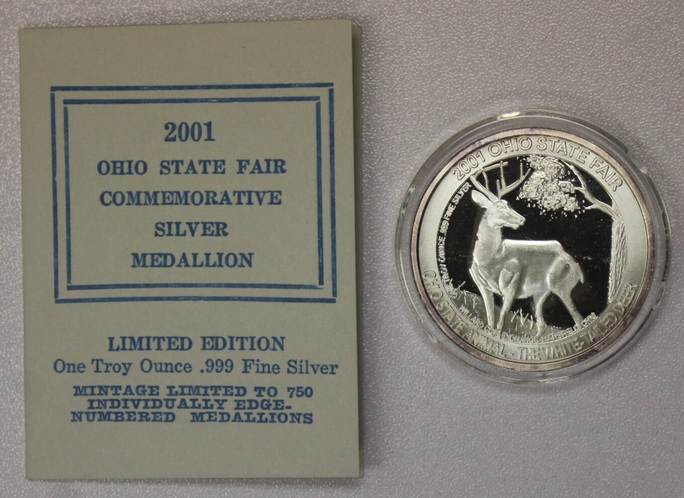 AUCTION- 2001 Ohio State Fair Commemorative Silver Medallion One Troy OZ .999 Fine Silver