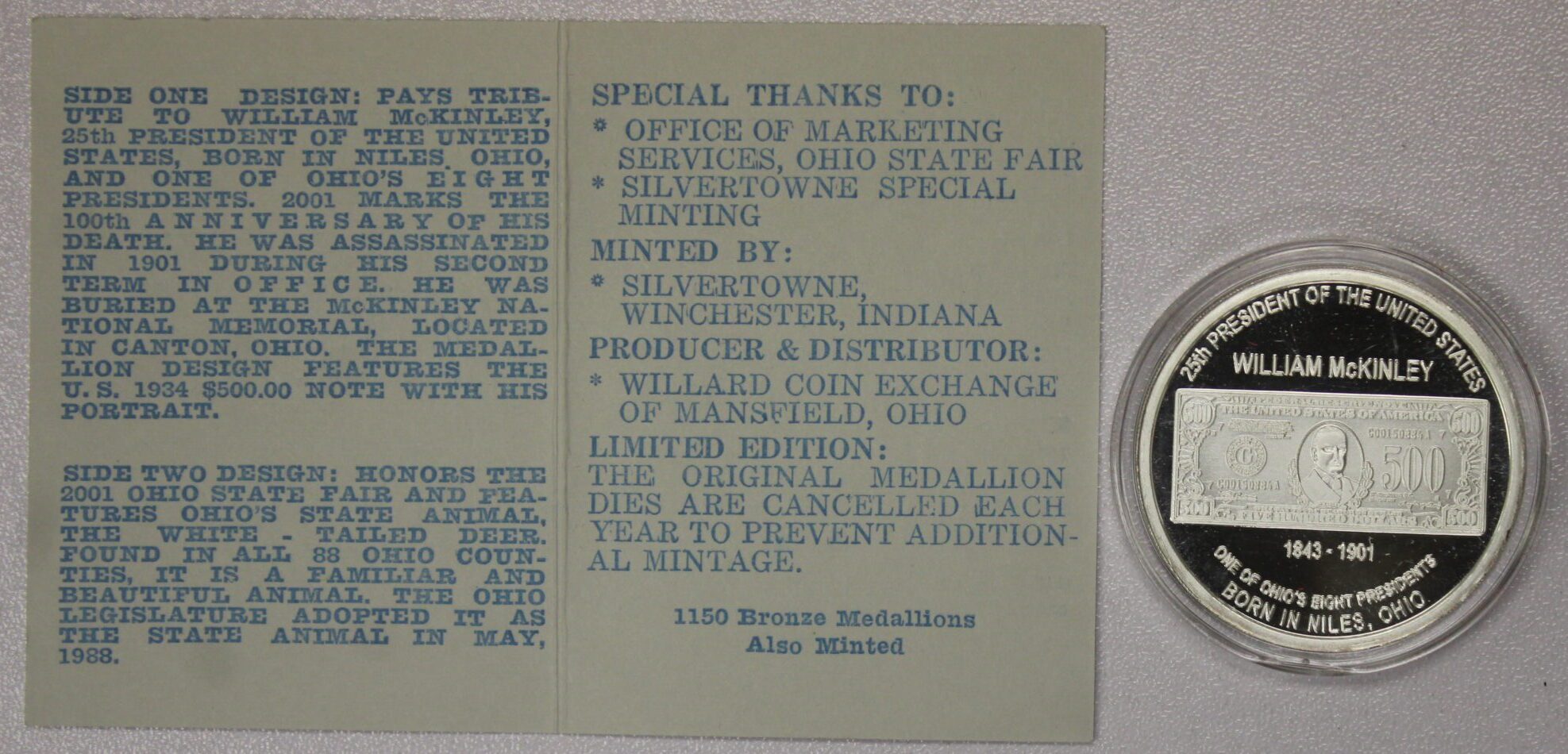 AUCTION- 2001 Ohio State Fair Commemorative Silver Medallion One Troy OZ .999 Fine Silver - Image 2