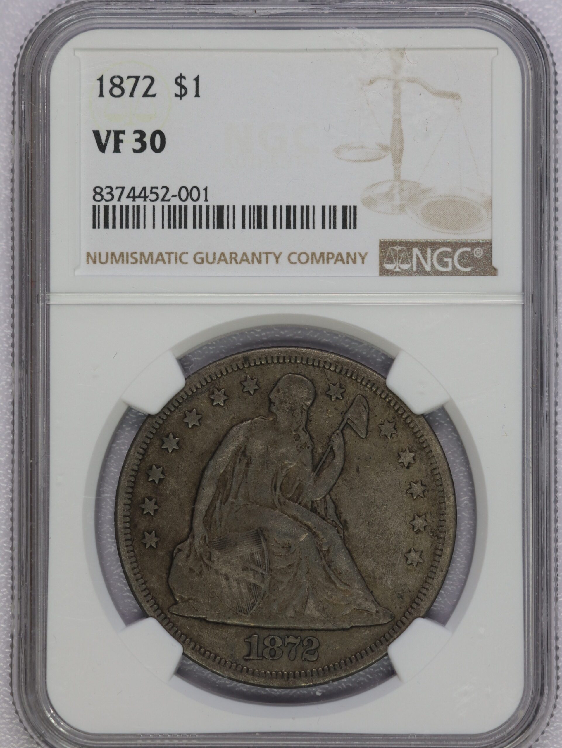 1872 Seated Dollar VF30 NGC