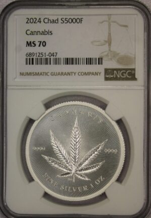 AUCTION-   2024 Chad 5000 Francs CFA Cannabis NGC MS70 One Ounce .9999 Fine Silver
