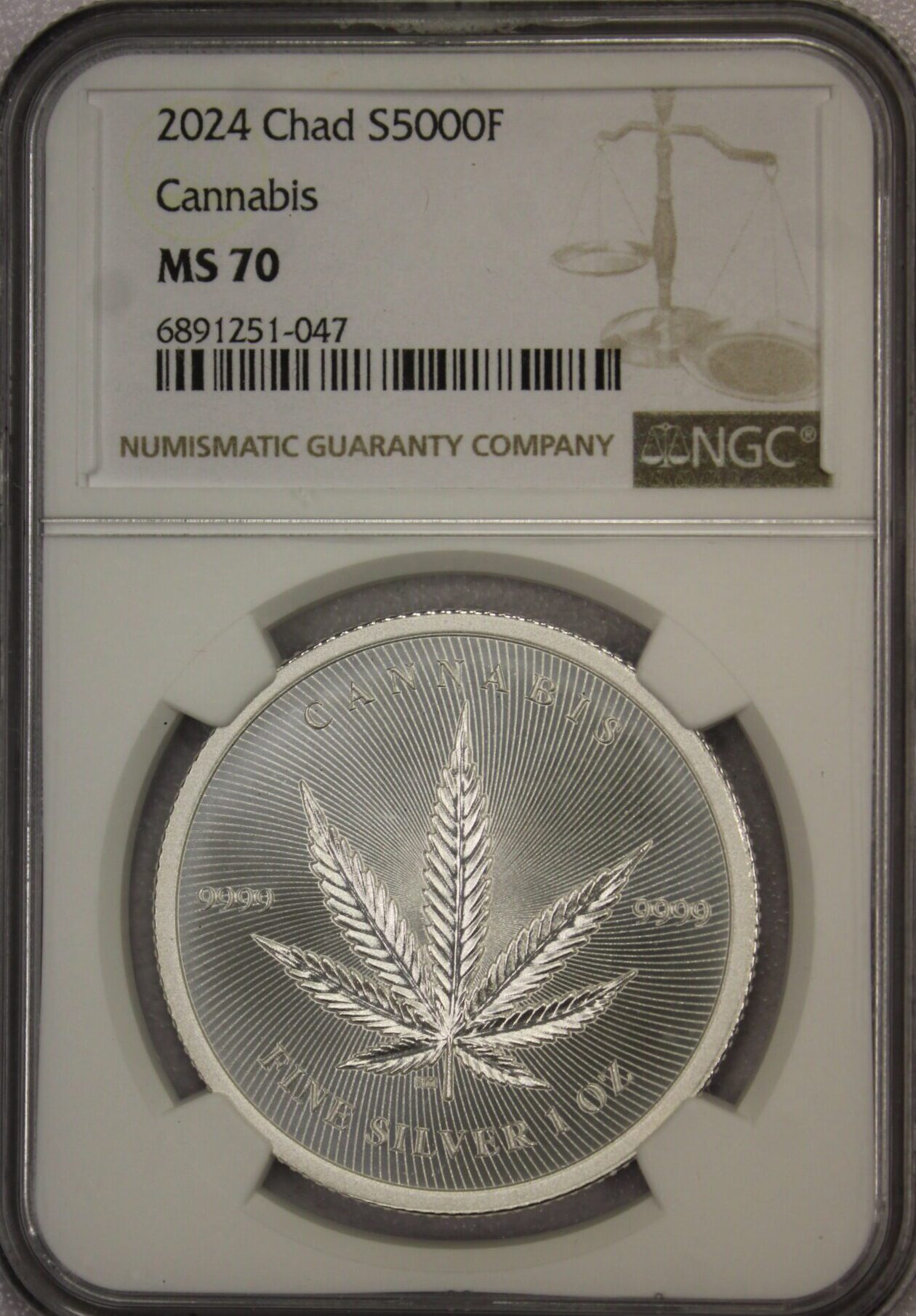 AUCTION- 2024 Chad 5000 Francs CFA Cannabis NGC MS70 One Ounce .9999 Fine Silver