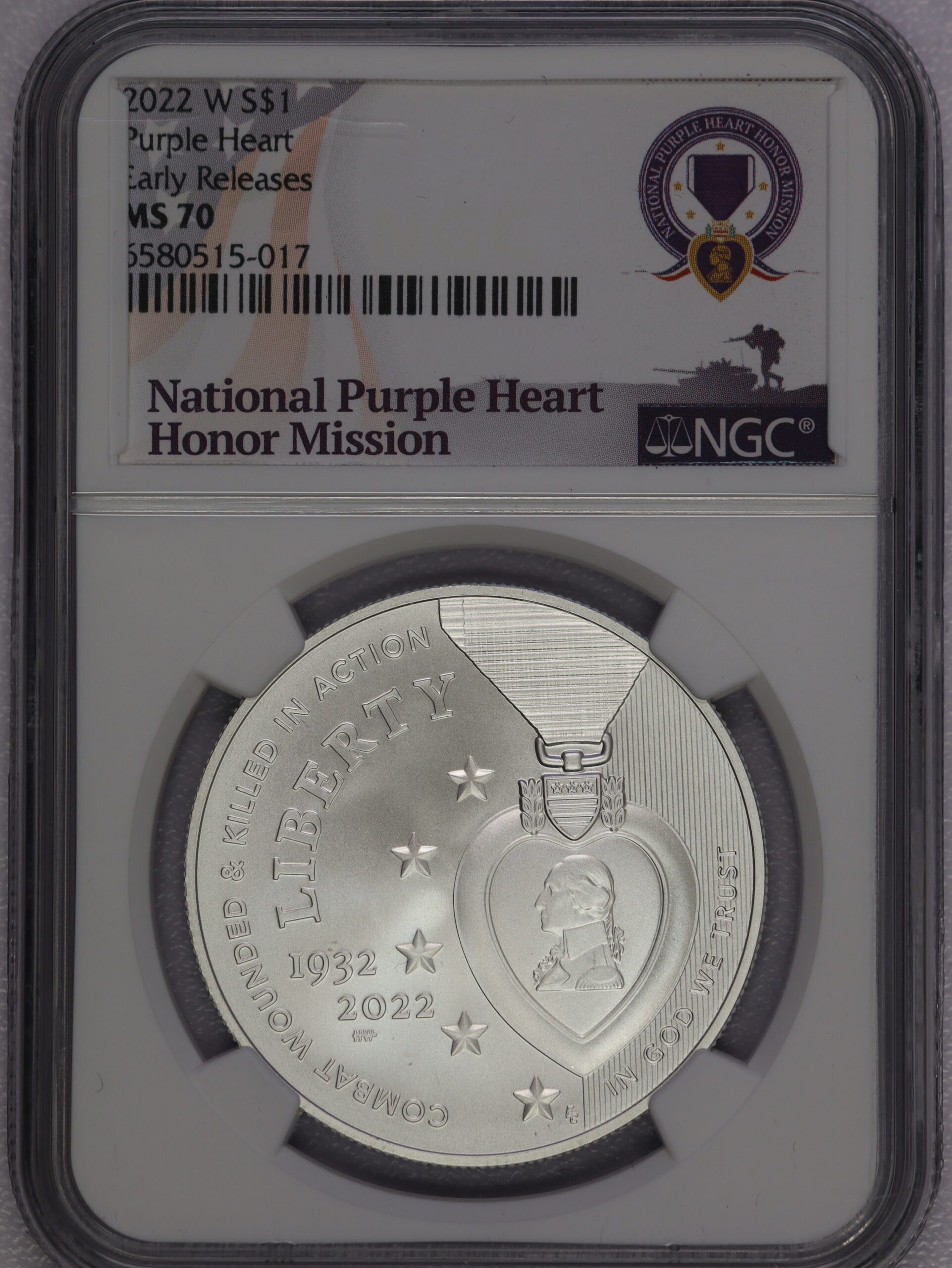 2022 W National Purple Heart Hall of Honor Commemorative Silver Dollar MS70 NGC