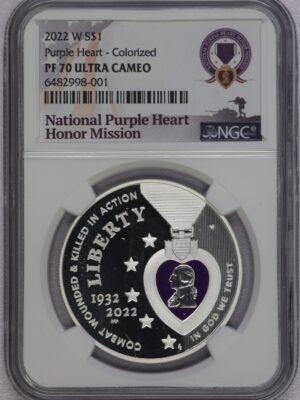 2022 W Purple Heart Hall of Honor Comm Silver Dollar PF70 Ultra Cameo Colorized