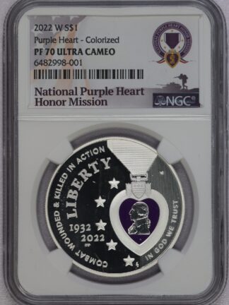 2022 W Purple Heart Hall of Honor Comm Silver Dollar PF70 Ultra Cameo Colorized