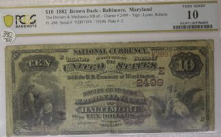 1882 Brown Back Ten Dollars National Currency Drovers & Mechanics National Bank of Baltimore Maryland PCGS Very Good 10