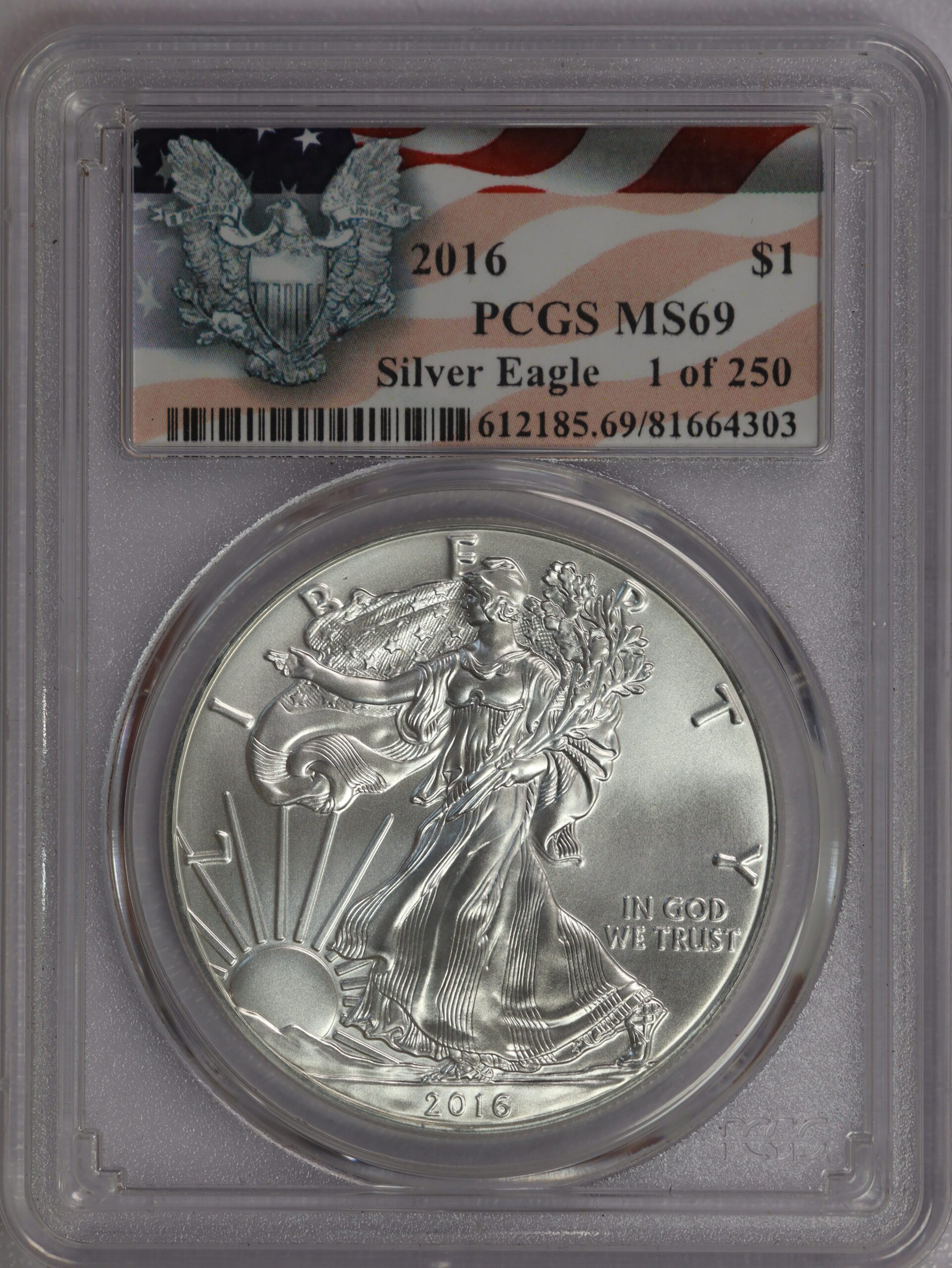 2016 Silver Eagle MS69 1 Of 250 Flag Label PCGS – Portsmouth Coin