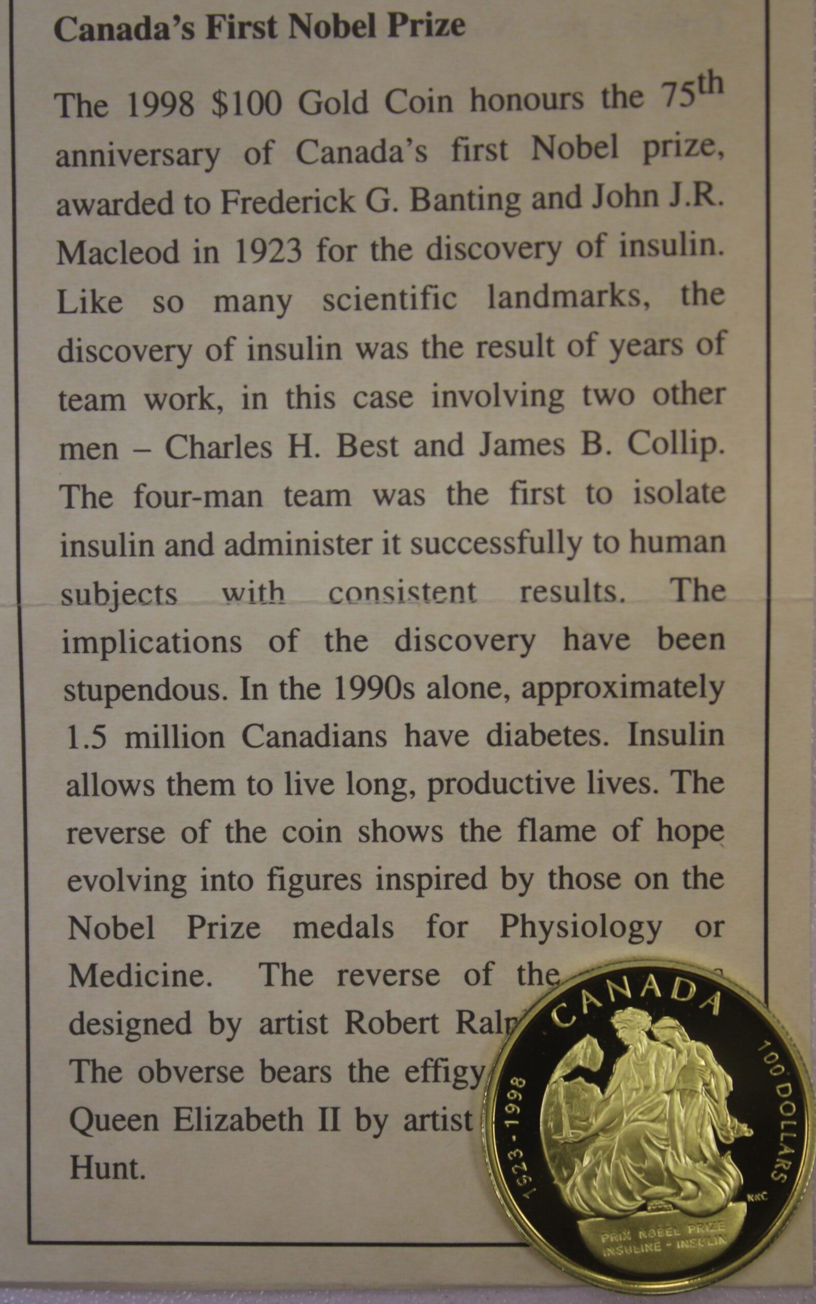 1998 Canada 100 Dollars Proof Gold Coin (75th Anniversary of Canada's 1st Nobel Prize) with Certificate of Authenticity (Half an ounce of Gold) - Image 4