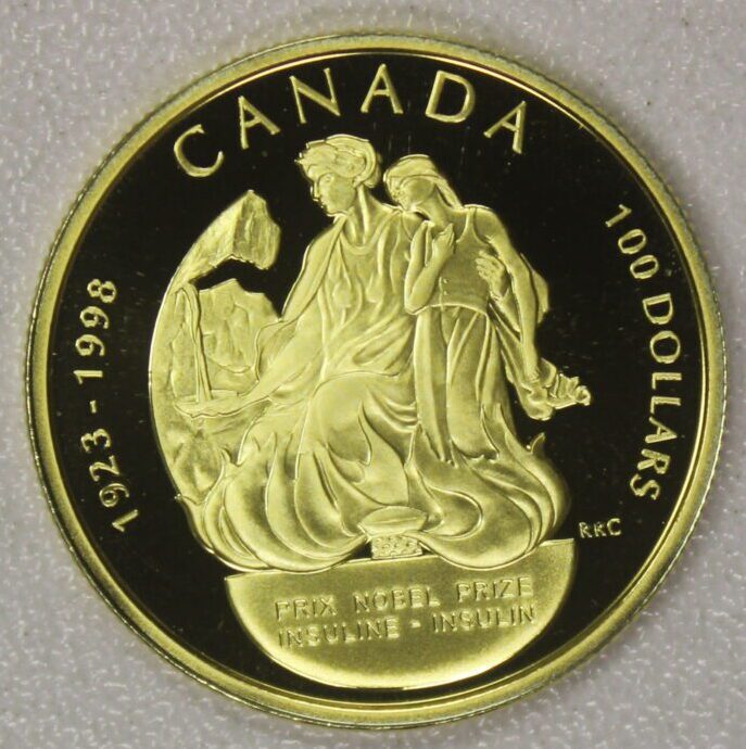 1998 Canada 100 Dollars Proof Gold Coin (75th Anniversary of Canada's 1st Nobel Prize) with Certificate of Authenticity (Half an ounce of Gold) - Image 2
