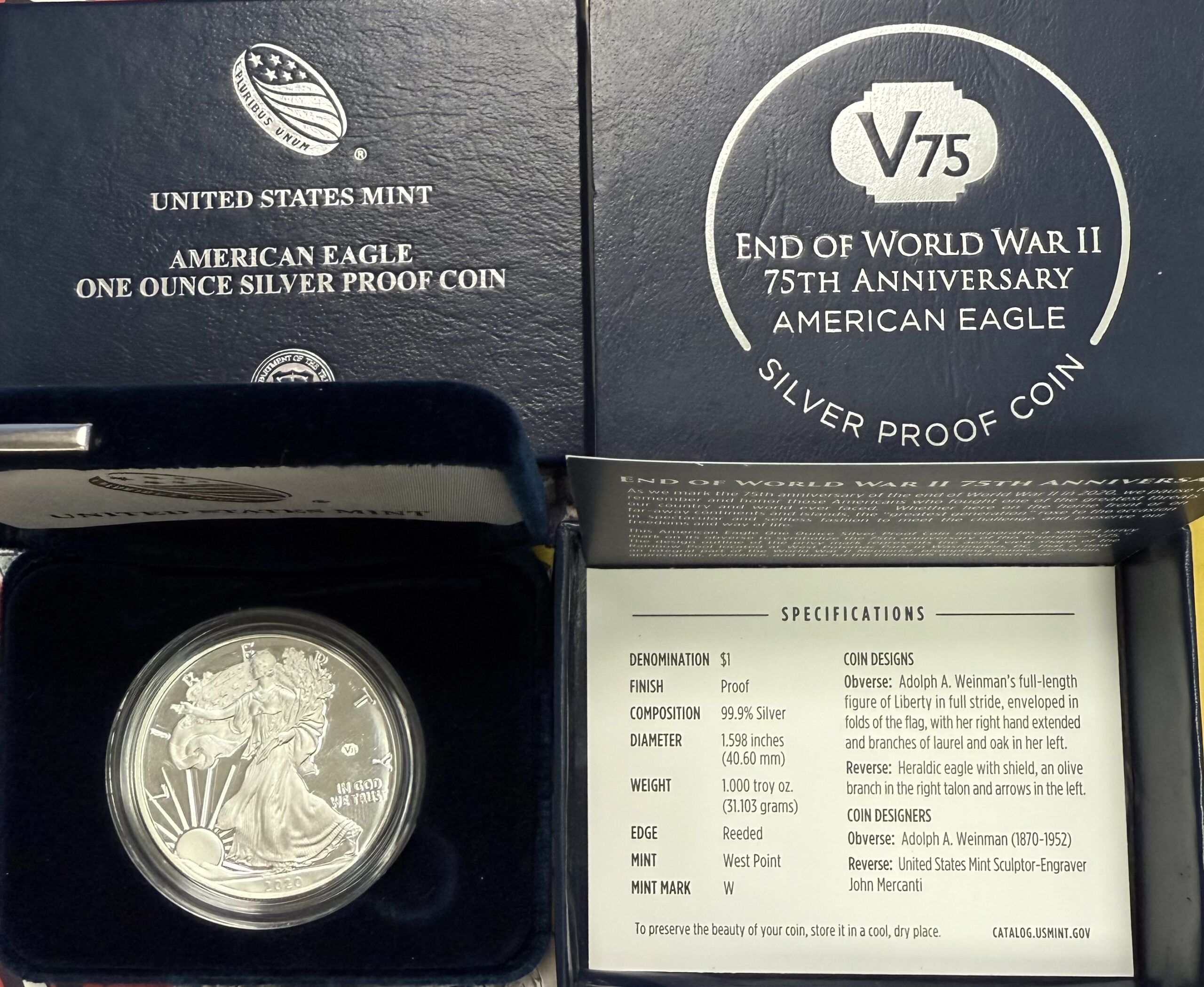2020 W Silver Eagle V75 Privy OGP Coin Has Been Handled Box Has An