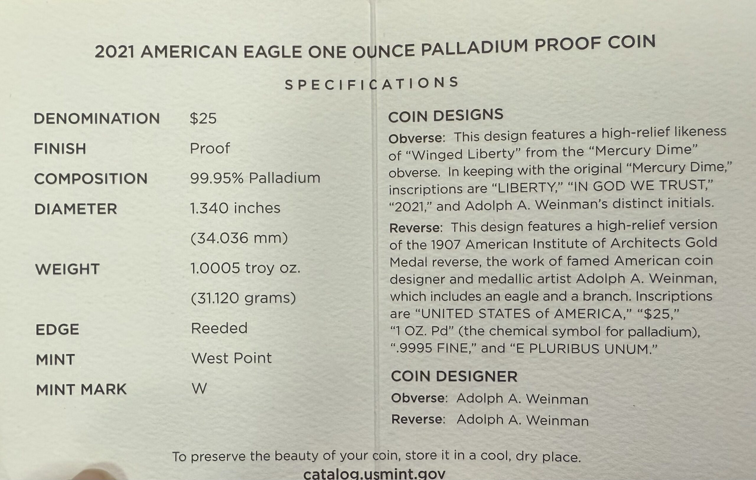 2021 Palladium Eagle 1 oz 99.95% - Image 3