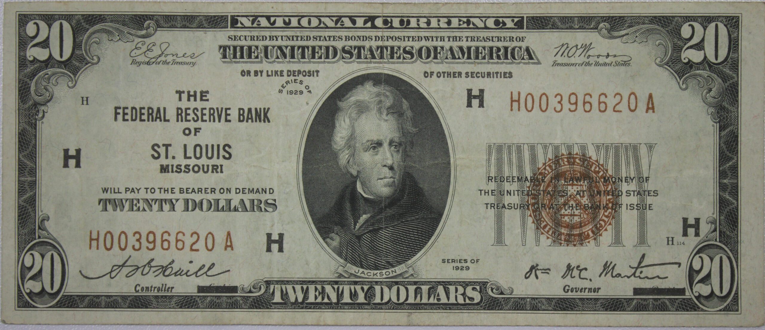 Auction- 1929 $20 ST. Louis Missouri National Currency Paper Money Note