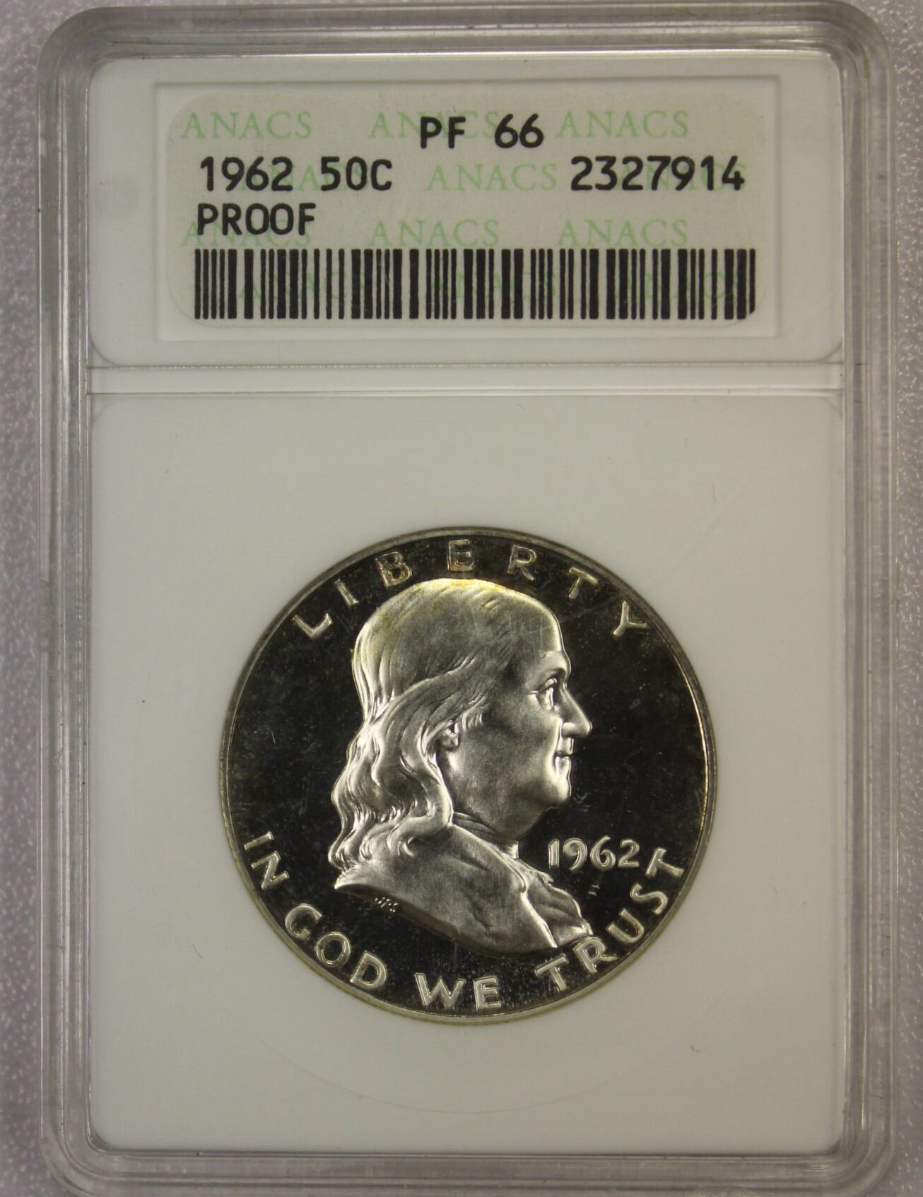 AUCTION- 1962 Proof Franklin Half Dollar ANACS PF66 Old Soap Box Holder