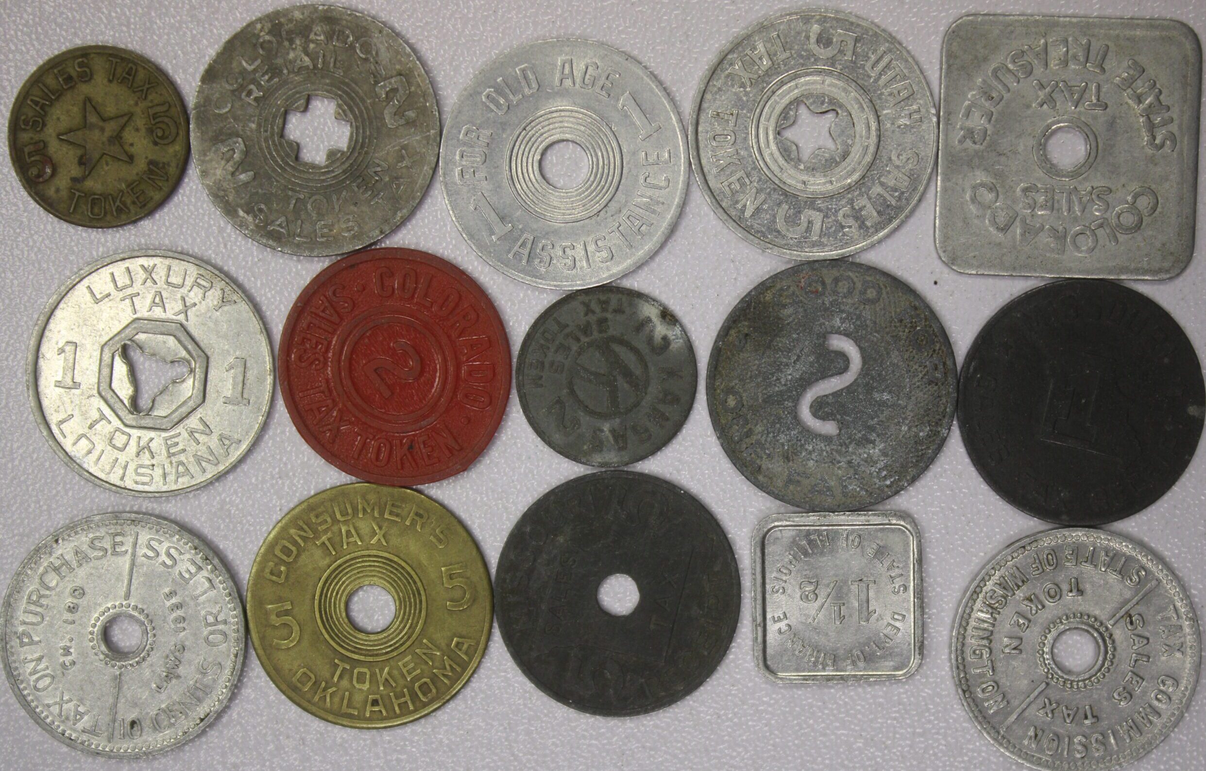 AUCTION- 15 Different Tax Tokens Various States & Denominations