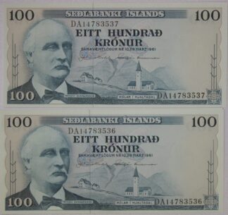 AUCTION-   1961 Iceland (Sedlabanki Islands) Two 100 Kronur Notes Consecutively Numbered