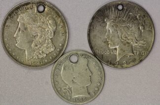 AUCTION-  1921 & 1922 Holed Silver Dollars & 1908 Holed Barber Half