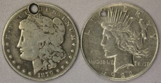 AUCTION-   1879 Morgan Silver Dollar & 1922 Peace Silver Dollar HOLED