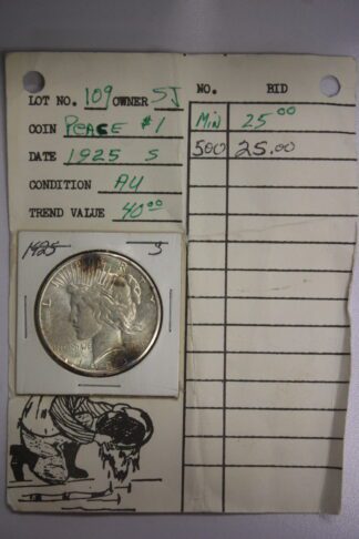 Auction - 1925 S Peace Dollar Old Coin Shop "Bid" Board Attached