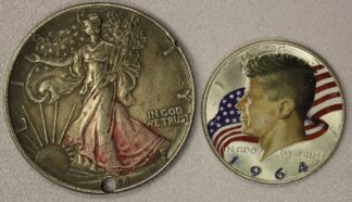 AUCTION-   1964 Colorized Kennedy Half & 1988 Silver Eagle with a Hole