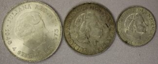 AUCTION-   1961, 1965 & 1973 Netherlands Silver 1, 2 1/2, & 10 Guldens 1.0764 ASW
