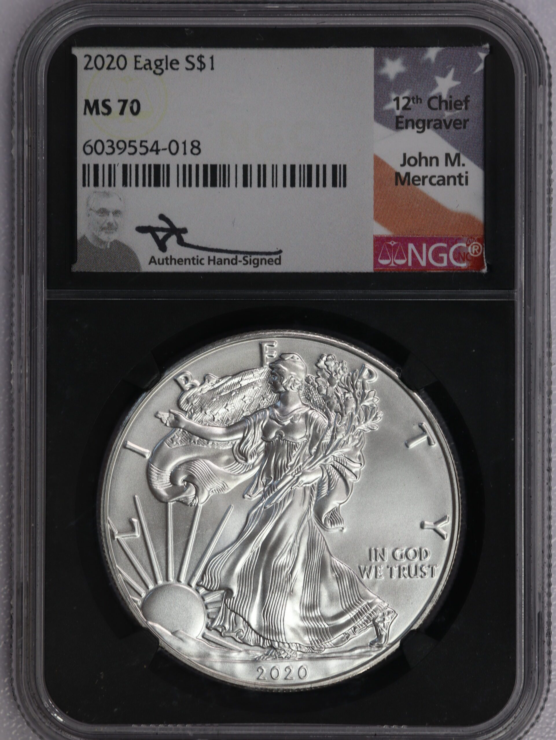 2020 Silver Eagle MS70 Mercanti Signature Black Label NGC