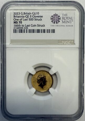 2023 UK 1/10 oz Gold Britannia Fine Gold MS70 NGC 166 Of Last 500