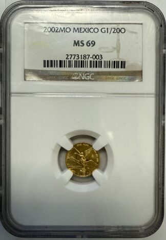 2002 MO Mexico Gold 1/20th MS69 NGC Has Red Spots