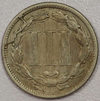 1865 Three Cent Nickel VF Reverse Cud Die Break
